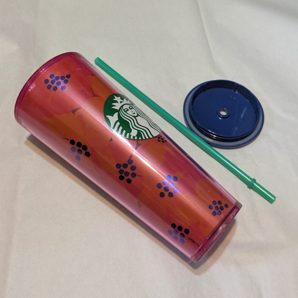 Starbucks Dancing Blooms Pink Floral Tumbler 24oz Blue Lid Green Straw NEW - Picture 2 of 7